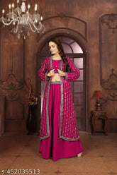 Trendy sequin-embroidered Georgette sharara set with scallop blouse & dupatta, India-made ethnic wear for festive occasions