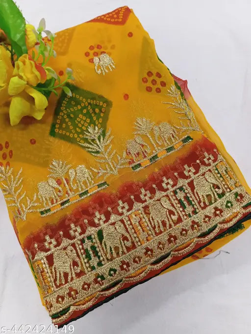Indian Bandhani print embroidered Georgette saree with separate blouse piece, easy wash, lightweight, free size
