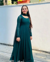 Georgette designer womens gown with crepe inner, intricate stitching & matching 2m dupatta in gold lace (S-XXXL)