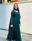 Georgette designer womens gown with crepe inner, intricate stitching & matching 2m dupatta in gold lace (S-XXXL)