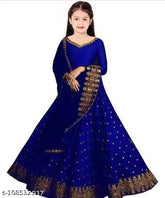GOPI Blue satin lehenga with net dupatta, embroidered stitch design for kids aged 3-16 years, Indian traditional outfit set
