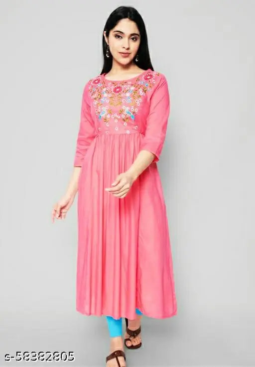 Rayon embroidered A-line kurta with three-quarter sleeves, intricate floral patterns. Pink embroidered kurti for women, made in India, size M (38in bust)