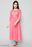 Rayon embroidered A-line kurta with three-quarter sleeves, intricate floral patterns. Pink embroidered kurti for women, made in India, size M (38in bust)