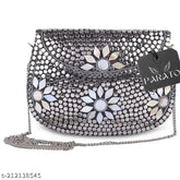 Handmade suede silver 3/2 flowers style clutch bag, vintage brass metal accessory for parties