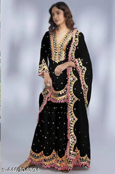 Embroidered georgette Sara Ali Khan designer party wear top and plazzo dupatta set, Indian fashion statement
