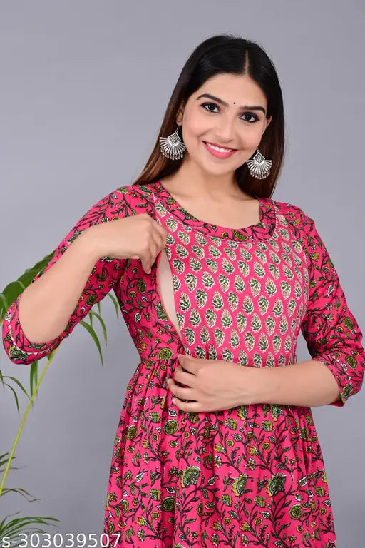 Women's cotton feeding zip Anarkali maternity kurti with 3/4 sleeves, high neck, and concealed zipper access for breastfeeding