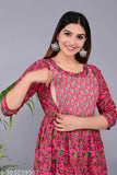 Women's cotton feeding zip Anarkali maternity kurti with 3/4 sleeves, high neck, and concealed zipper access for breastfeeding