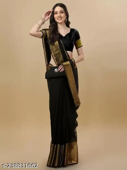 Black georgette Chiffon saree with matching running blouse, solid pattern, free size, Indian origin