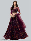 Embroidered floral lehenga set in net fabric, semi-stitched for women, made in India" (118 characters)