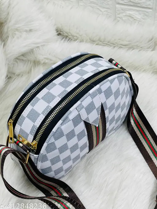 PU checked net strap cross body sling bag, ideal for women and girls. Three compartments, free size