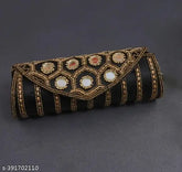 Black embroidered net fabric clutch with round mirror, women's sling bag features 3 compartments and free size (24in x 7in). Traditional Indian design