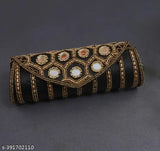 Black embroidered net fabric clutch with round mirror, women's sling bag features 3 compartments and free size (24in x 7in). Traditional Indian design