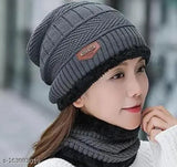 Gray wool unisex beanie cap set with neck warmer, snow-proof, thick fleece lining for winter wear