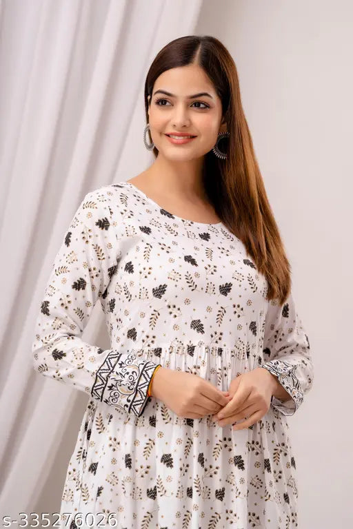 White rayon Anarkali kurtis, long sleeves, printed pattern for women's casual wear, featuring latest trends and styles