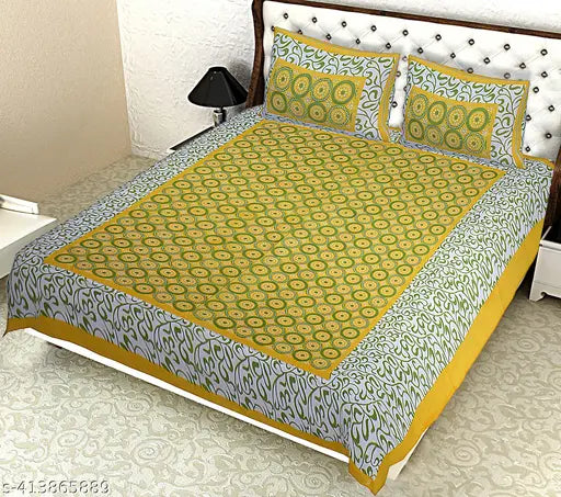 100% cotton Rajasthani Jaipuri double bedsheet set in vibrant ethnic motifs, 2 pillow covers, 180TC, ideal for summer