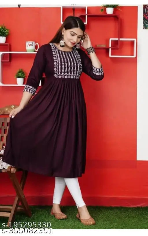Rayon embroidered Anarkali Kurta, solid three-quarter sleeve Indian dress on mannequin, S to XXXL sizes available