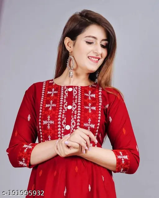 Red-orange rayon printed combo Anarkali kurtis dress for women on mannequin