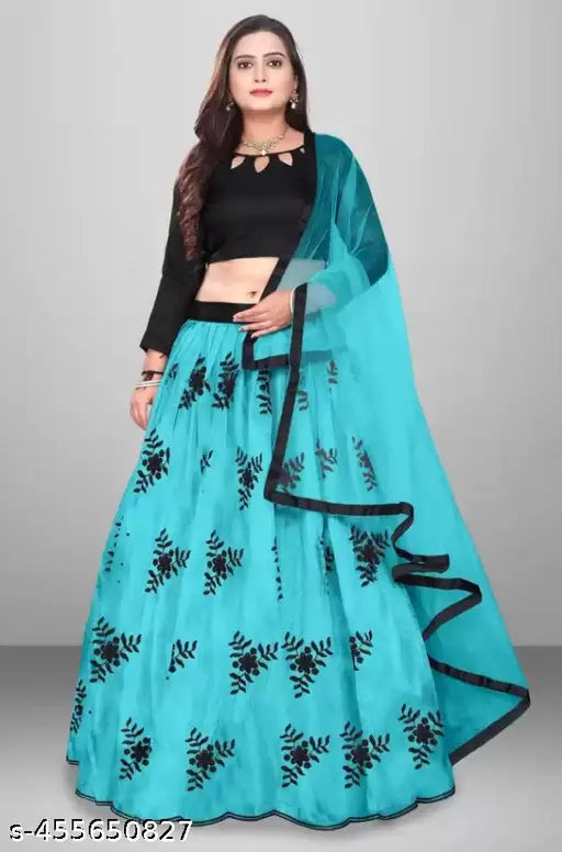 Skyblue embroidery self-designed Lehenga choli with black blouse, Indian art silk and net fabric