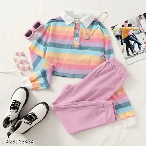 Pastel Colorful Rainbow Striped Cropped Polo T-Shirt, lycra fabric, long sleeves, colorblocked pattern. Chic wardrobe essential for casual wear