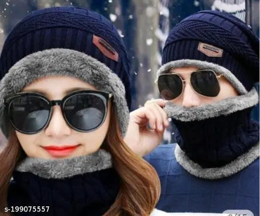 Blue wool beanie set, fur patterned TOPA in onesize from India