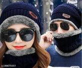 Blue wool beanie set, topa brand, fur patterned, pack of 2 on display