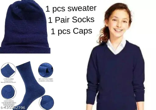 Red acrylic sweater, socks & cap combo for kids. Self-design pattern, long sleeves, perfect fit in cold weather