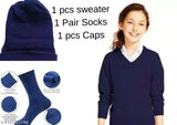Red acrylic sweater, socks & cap combo for kids. Self-design pattern, long sleeves, perfect fit in cold weather