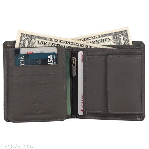 Gray RFID-blocking genuine leather men's wallet with 3 compartments, ideal gift, India origin