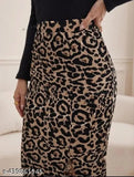 Luxurious polyester leopard print bodycon midi skirt with side slit, perfect for casual and semi-formal events. XS, S, M, L sizes available." (118 characters)