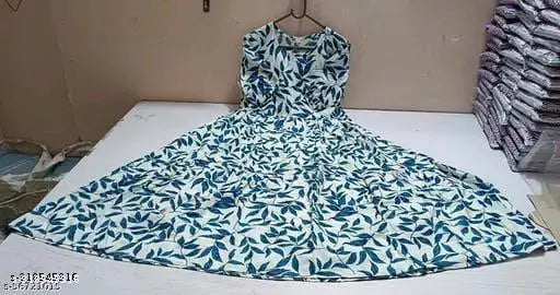 Blue rayon anarkali kurti for women, featuring short sleeves and vibrant floral print. Great fashion choice for various occasions. Made in India (size M: bust 38in, length 48in)