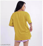 Mustard oversized cotton blend t-shirt with short sleeves, printed pattern, biowash. XS-XXL sizes available