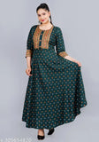 Printed rayon casual wear, cotton anarkali kurti for women. Three-quarter sleeves, vibrant Indian print design." (109 characters)