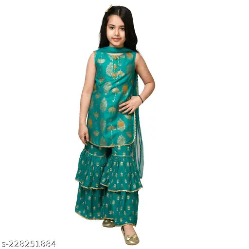 Green rayon sharara set with umbrella design, handcrafted by H L Garments. Perfect for special events or everyday elegance in 2-3 years size (11 in bust, 17 in length, 17 in waist, 21 in length)