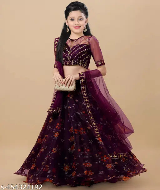 Organza and art silk embroidered lehenga cholis for kids, floral stitch with three-quarter sleeves, Indian traditional wear for girls aged 9-13 years
