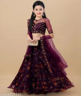 Organza and art silk embroidered lehenga cholis for kids, floral stitch with three-quarter sleeves, Indian traditional wear for girls aged 9-13 years