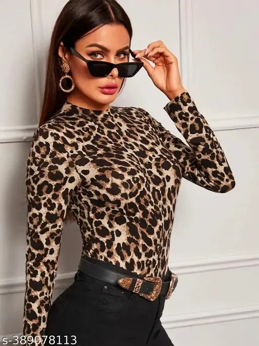 Black animal print polyester top, high neck and long sleeves, casual style for women
