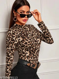 Black animal print polyester top, high neck and long sleeves, casual style for women