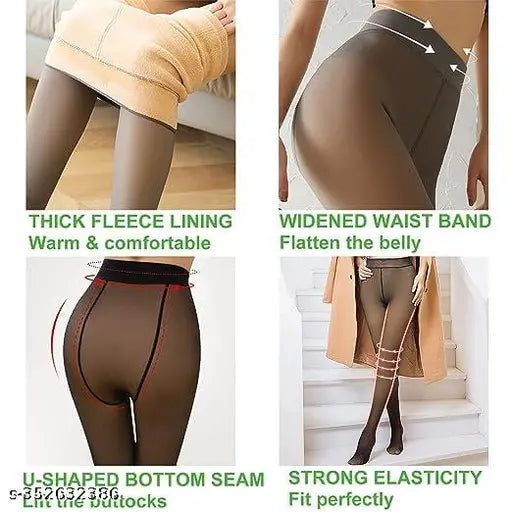 Warm fleece-lined, opaque high waist winter leggings in solid cotton blend - QRAFTINK women's translucent thermal pantyhose for cold weather wear