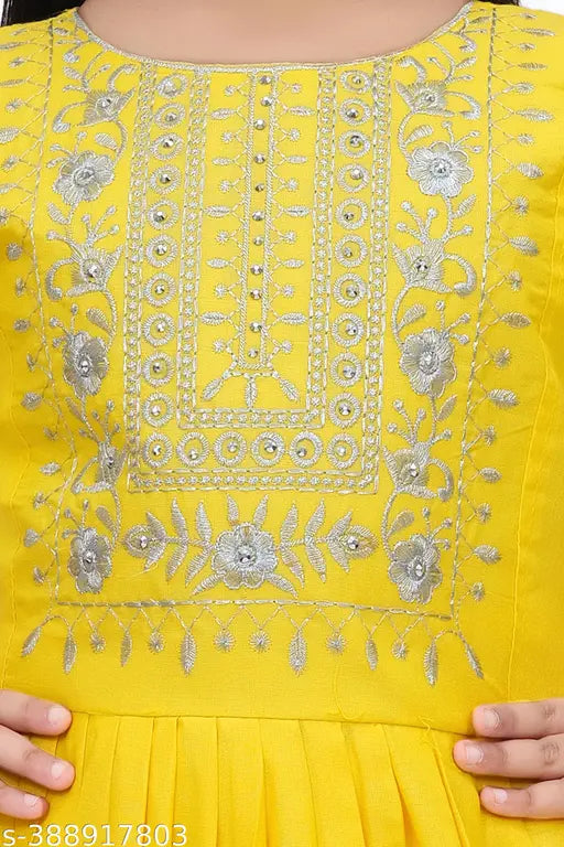 Yellow cotton blend anarkali kurta & patiala set for girls, intricately embroidered, perfect for festive occasions