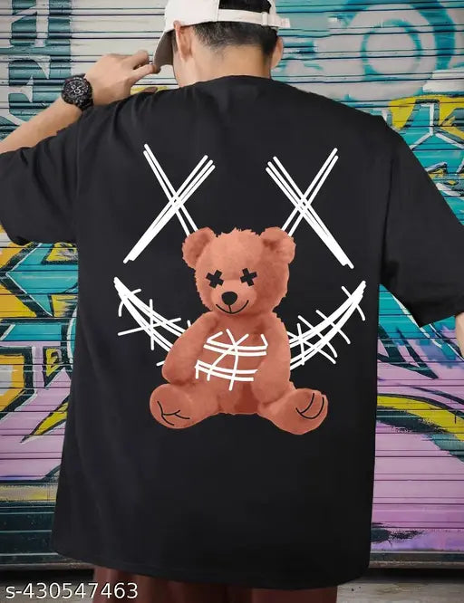 Men's black cotton blend graphic printed oversized half sleeve teddy bear t-shirt, XS - XXXXL