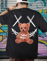 Men's black cotton blend graphic printed oversized half sleeve teddy bear t-shirt, perfect for comfort and style