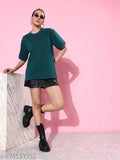 Green cotton oversized sweatshirt for women, solid design with short sleeves