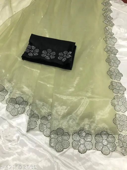 Green Organza net saree with hand-work lace, Jimmy Choo type fabric for women's party wear