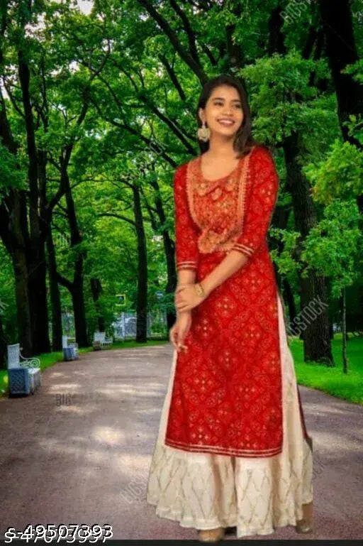 Red Jaipuri Sharara Set with Gotta Work Kurta, Rayon fabric, printed net design, three-quarter sleeves
