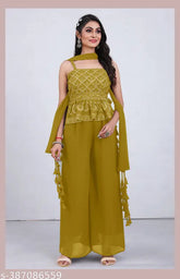Georgette peplum embroidered top with palazzo and dupatta, featuring tassels, SANCIA brand, India