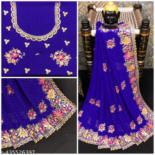 Georgette embroidered party saree set with running blouse, Indian handcrafted zari embellishments on free size, 5.5m length