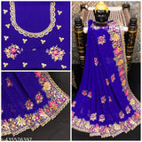 Georgette embroidered party saree set with running blouse, Indian handcrafted zari embellishments on free size, 5.5m length