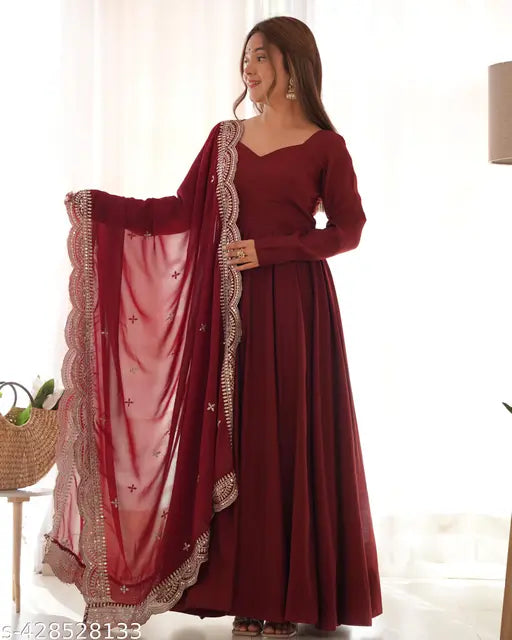 Premium quality Romansilk Chanderi Anarkali with dupatta set, fully flair and ready-to-wear, showcasing rich embroidery sequence work on Georgette dupatta