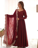 Premium quality Romansilk Chanderi Anarkali with dupatta set, fully flair and ready-to-wear, showcasing rich embroidery sequence work on Georgette dupatta