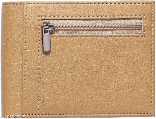 Beige PU leather wallet for men, features card slots and chain coin pocket, ideal accessory for gents